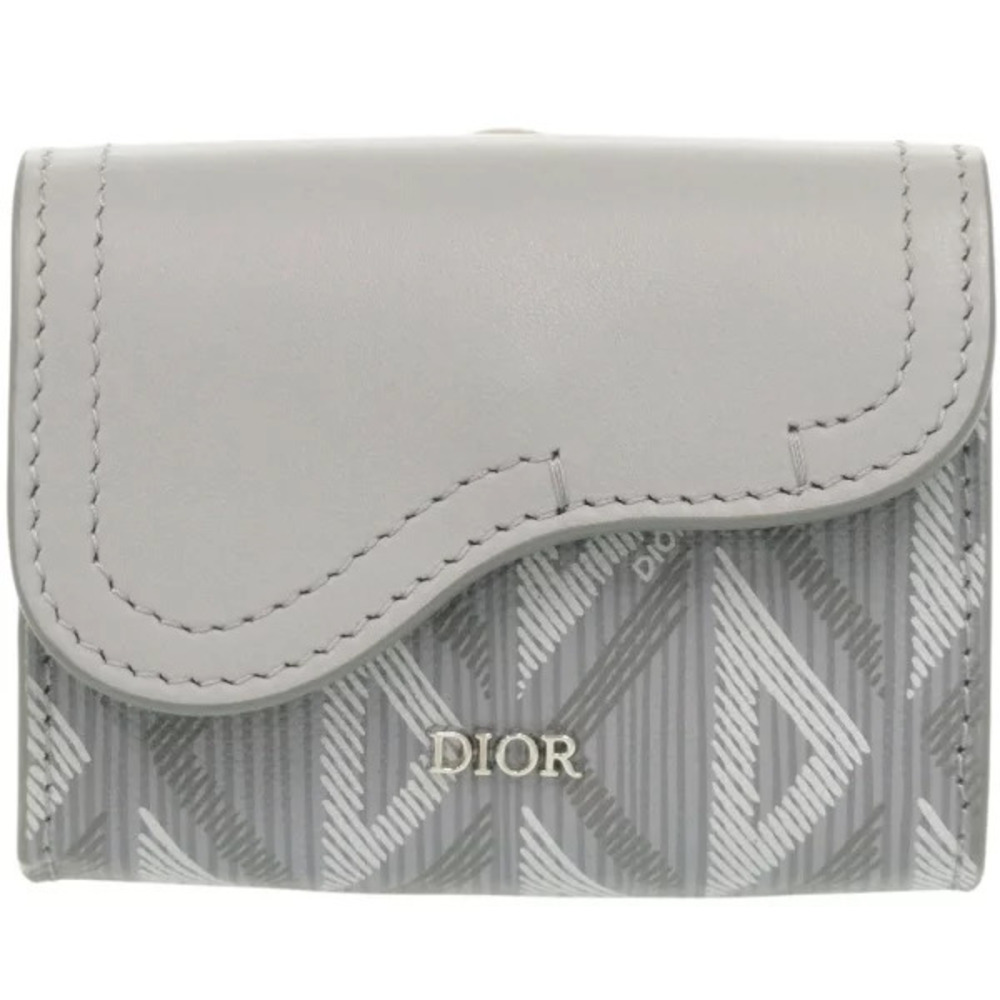 Christian Dior Saddle CD Diamond Leather Gray Card Case Wallet